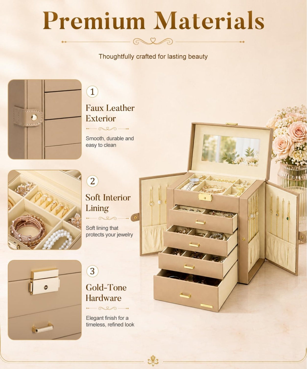 Homde Large Jewelry and Watch Box with Mirror, Lock and 4 Drawers-99-Homde