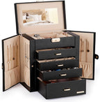 Homde Large Jewelry and Watch Box with Mirror, Lock and 4 Drawers-Black-1-Homde