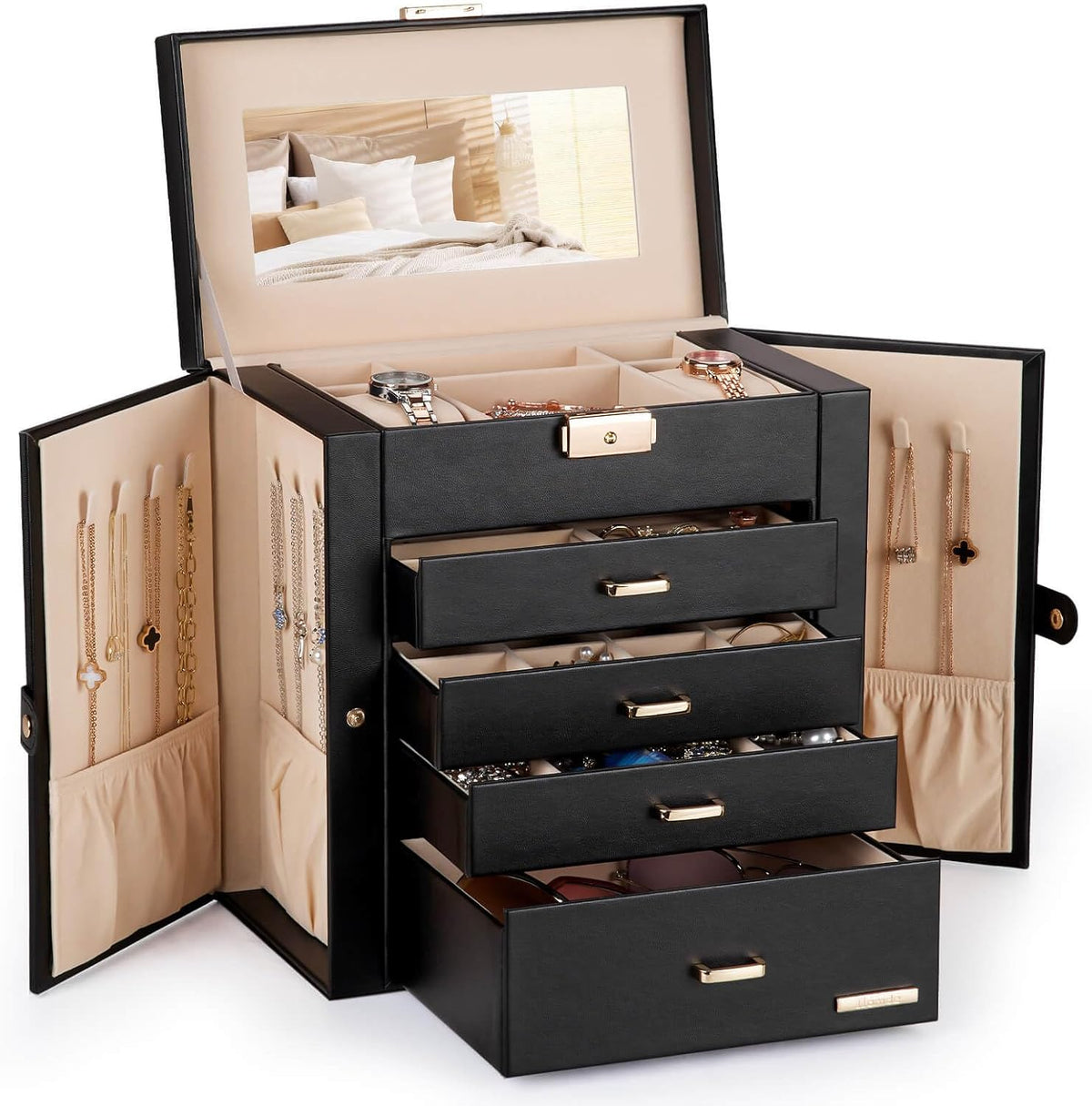 Homde Large Jewelry and Watch Box with Mirror, Lock and 4 Drawers-Black-1-Homde