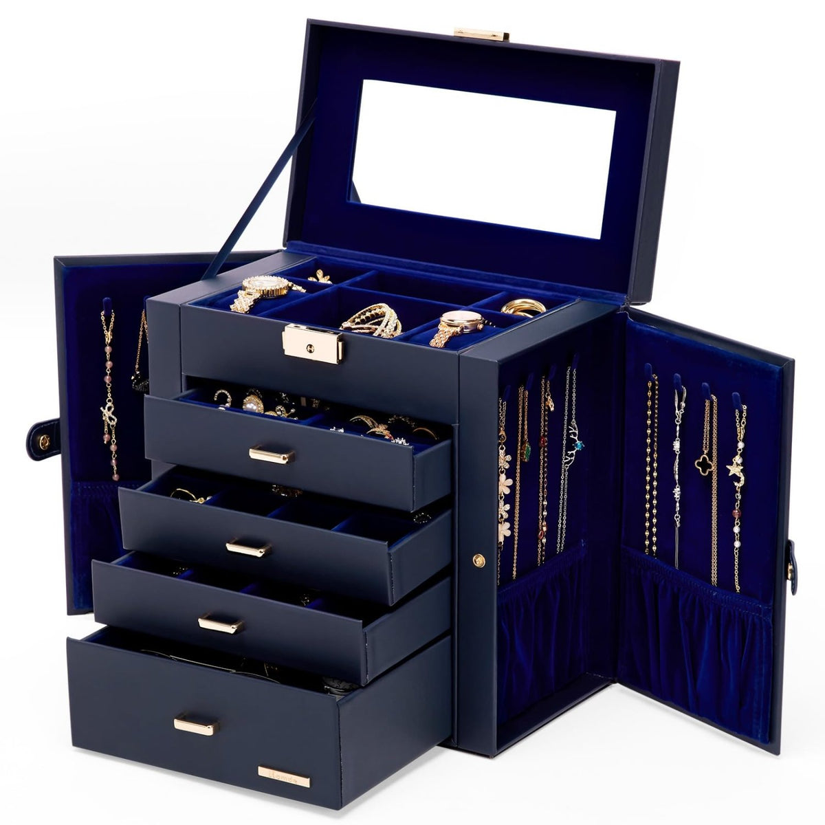 Homde Large Jewelry and Watch Box with Mirror, Lock and 4 Drawers-Dark Blue-3-Homde