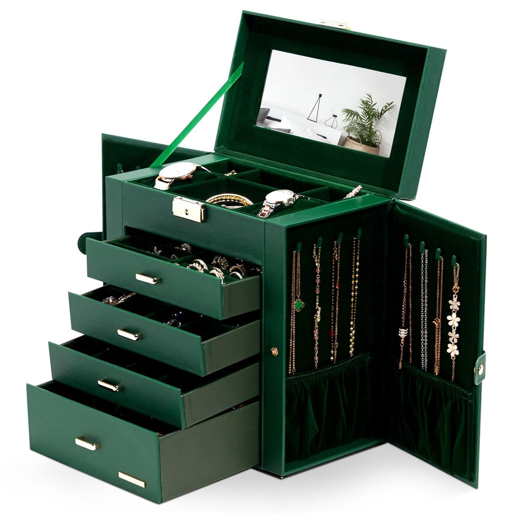 Homde Large Jewelry and Watch Box with Mirror, Lock and 4 Drawers-Forest Green-12-Homde