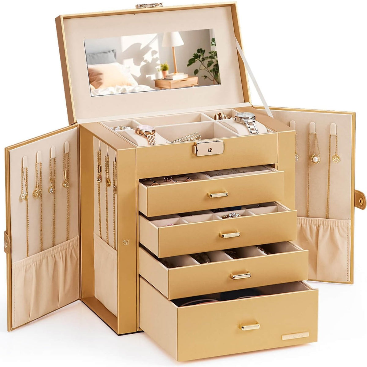 Homde Large Jewelry and Watch Box with Mirror, Lock and 4 Drawers-Gold-7-Homde
