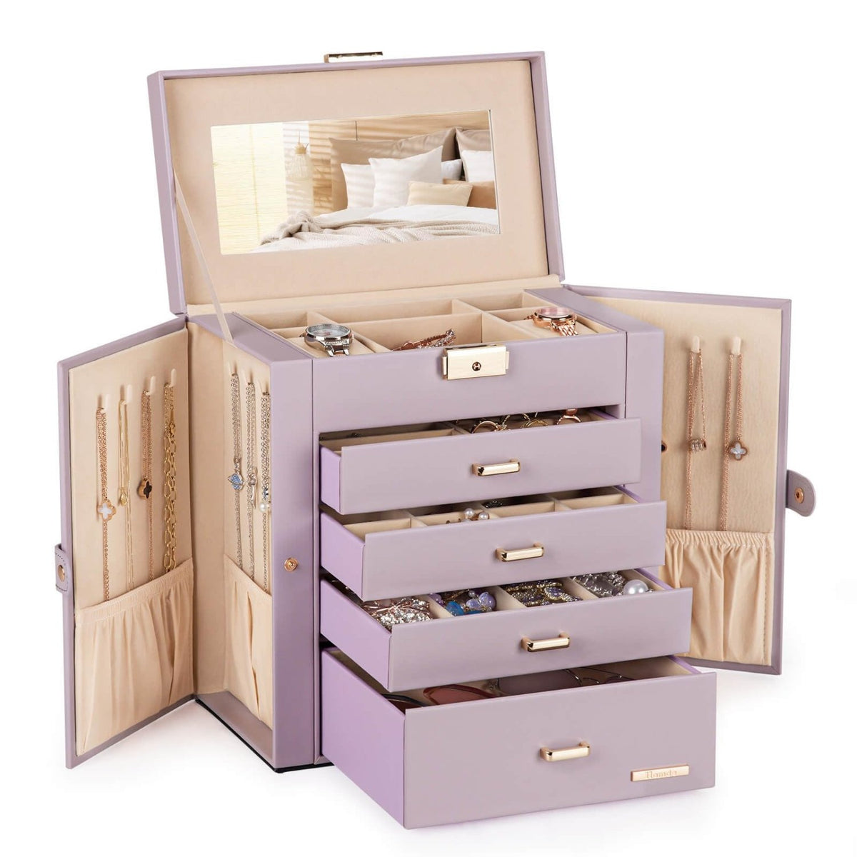 Homde Large Jewelry and Watch Box with Mirror, Lock and 4 Drawers-Grey Purple-9-Homde
