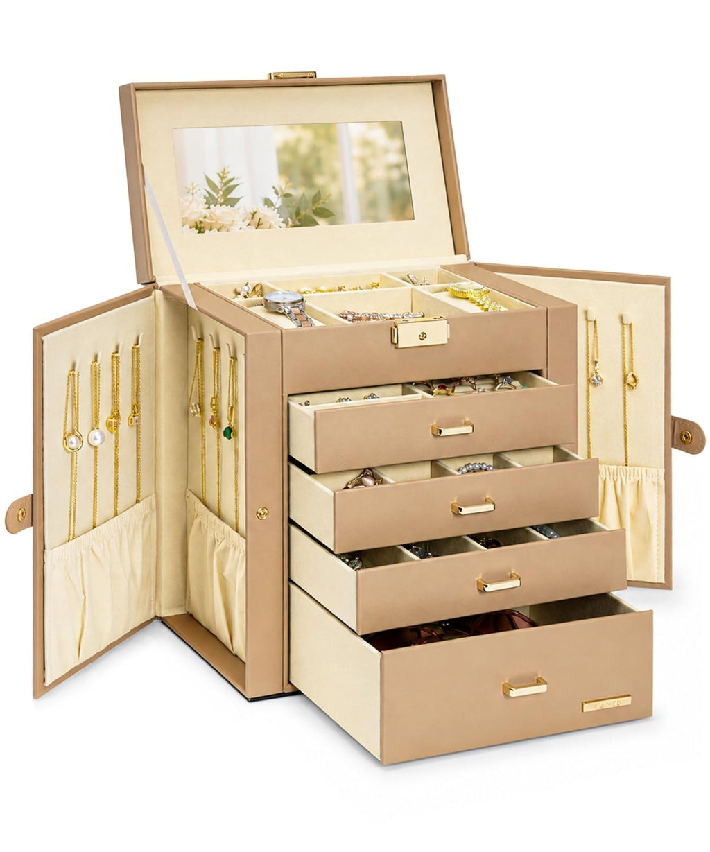 Homde Large Jewelry and Watch Box with Mirror, Lock and 4 Drawers-Latte Beige-6-Homde
