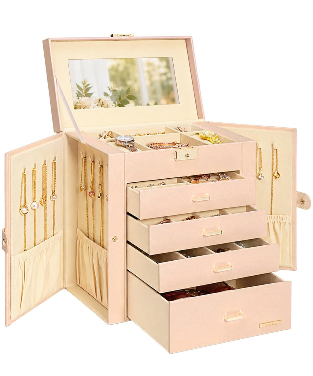 Homde Large Jewelry and Watch Box with Mirror, Lock and 4 Drawers-Nude Beige-2-Homde