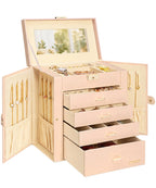 Homde Large Jewelry and Watch Box with Mirror, Lock and 4 Drawers-Nude Beige-2-Homde