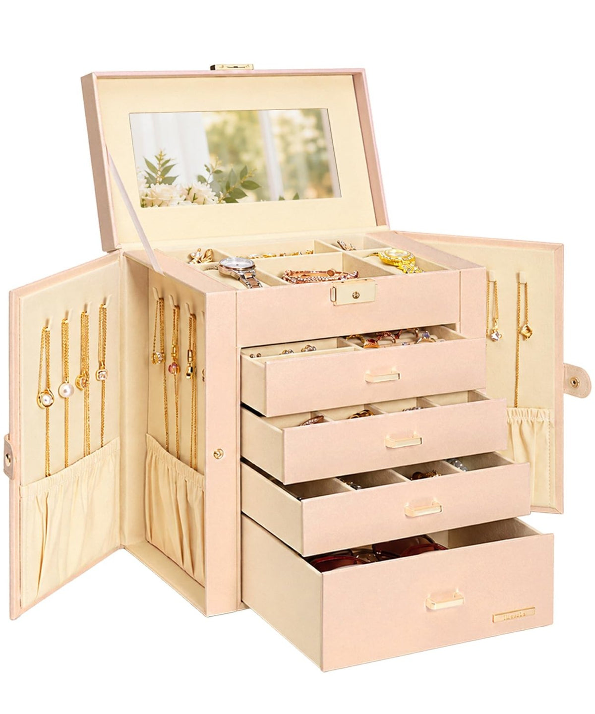 Homde Large Jewelry and Watch Box with Mirror, Lock and 4 Drawers-Nude Beige-2-Homde