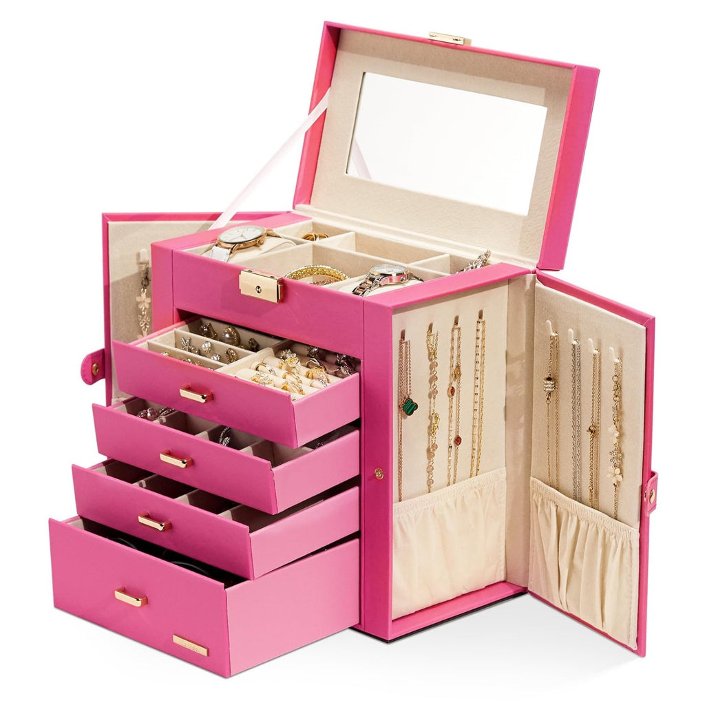 Homde Large Jewelry and Watch Box with Mirror, Lock and 4 Drawers-Pink-4-Homde