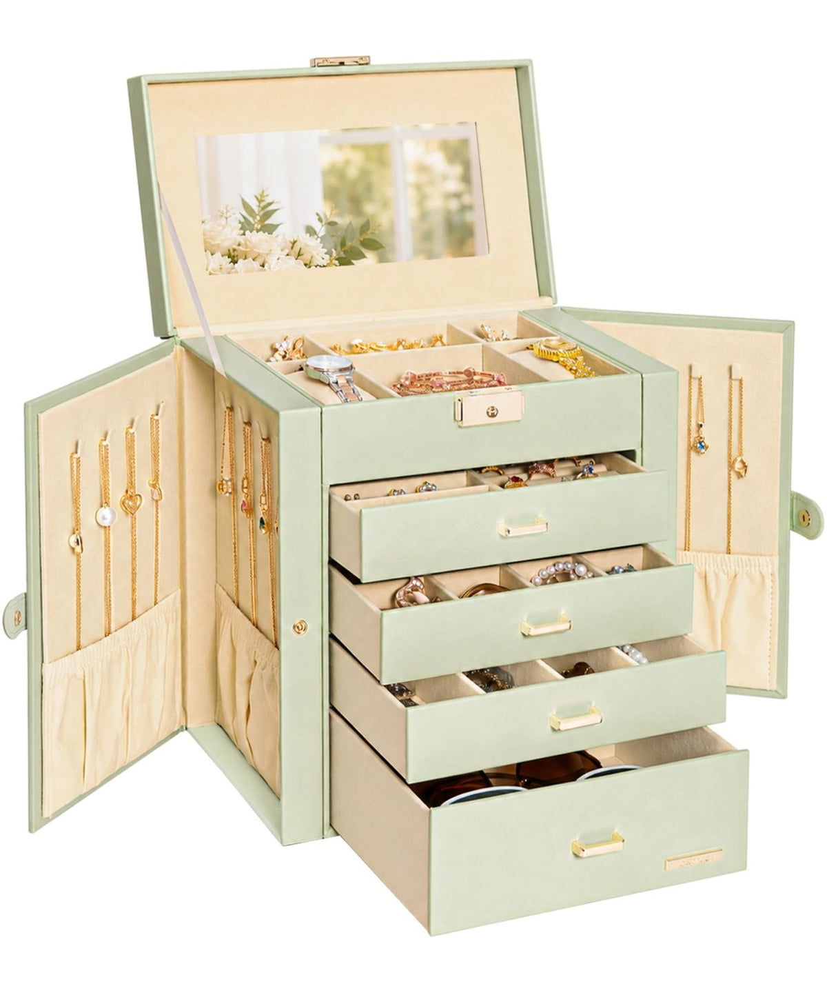 Homde Large Jewelry and Watch Box with Mirror, Lock and 4 Drawers-Sage Green-5-Homde