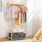 Kids Bamboo Clothing Rack with 2 Storage Baskets and Adjustable Rods-Homde