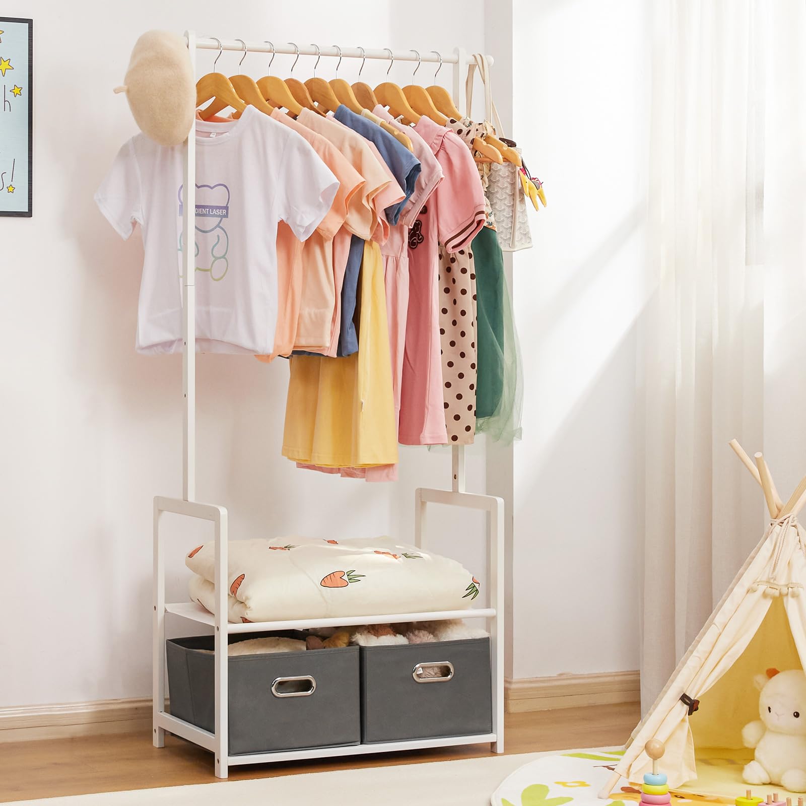 Kids Bamboo Clothing Rack with 2 Storage Baskets and Adjustable Rods-Homde