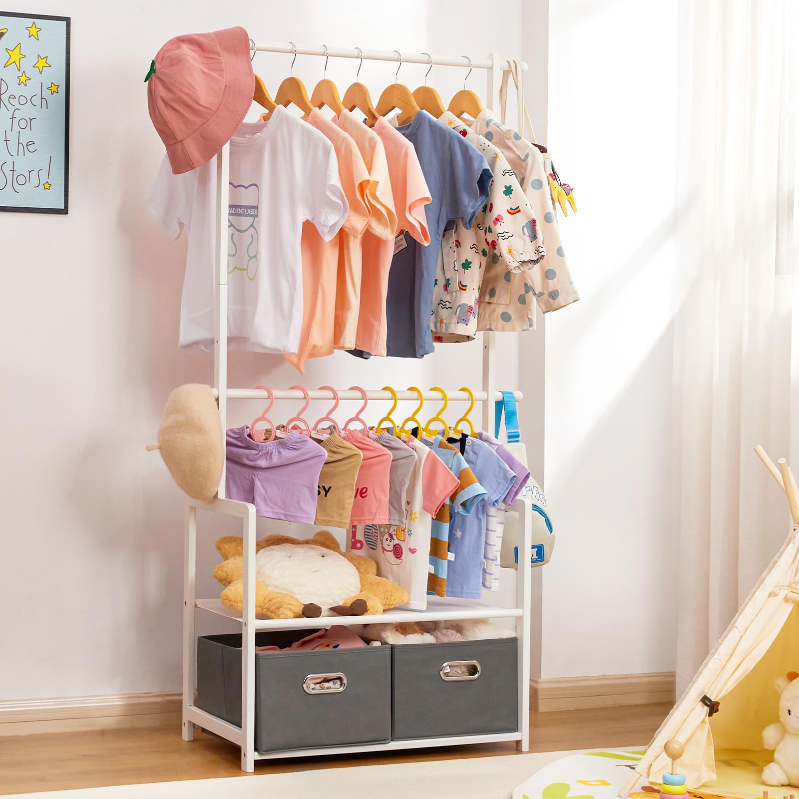 Kids Bamboo Clothing Rack with 2 Storage Baskets and Adjustable Rods-Homde