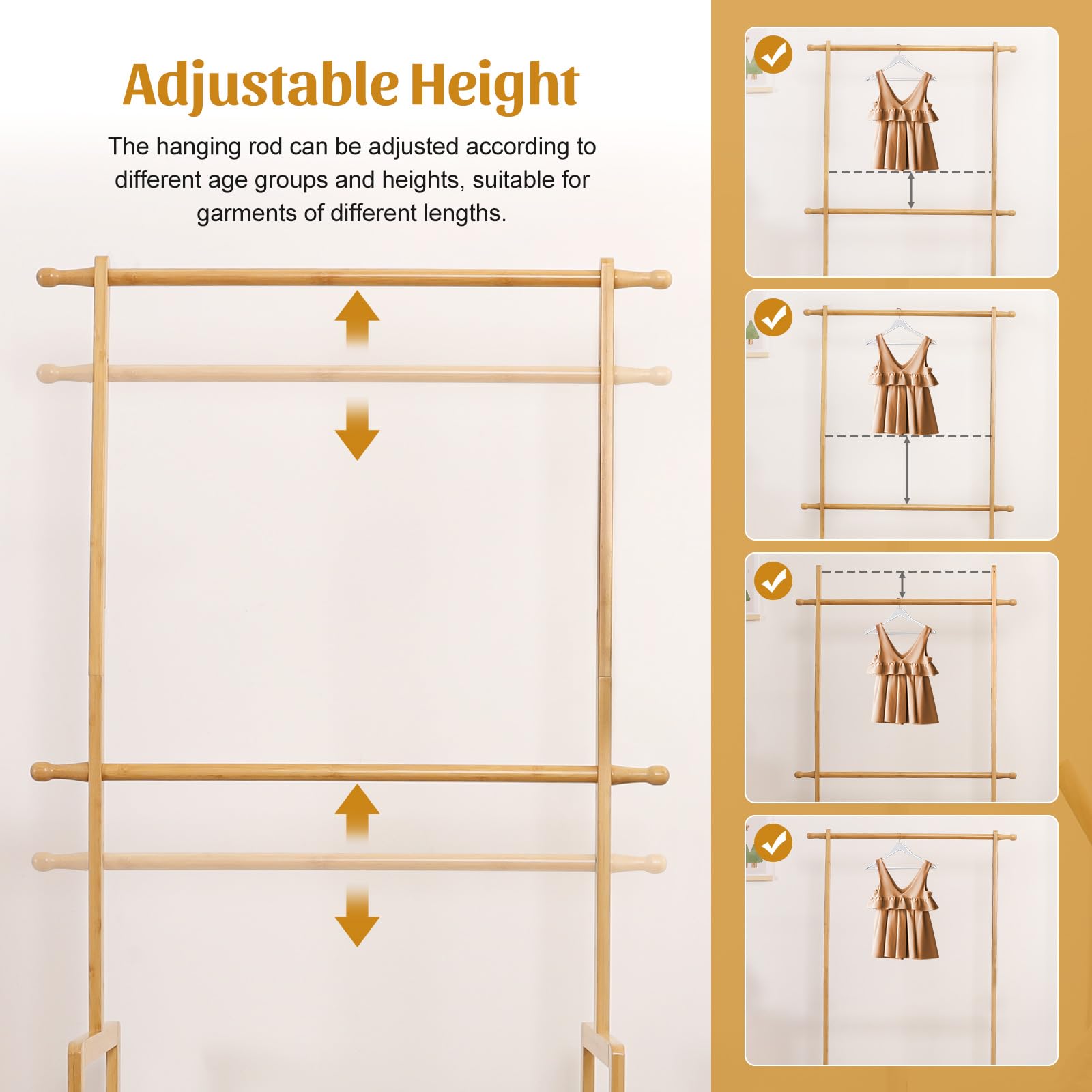 Kids Bamboo Clothing Rack with 2 Storage Baskets and Adjustable Rods-Homde