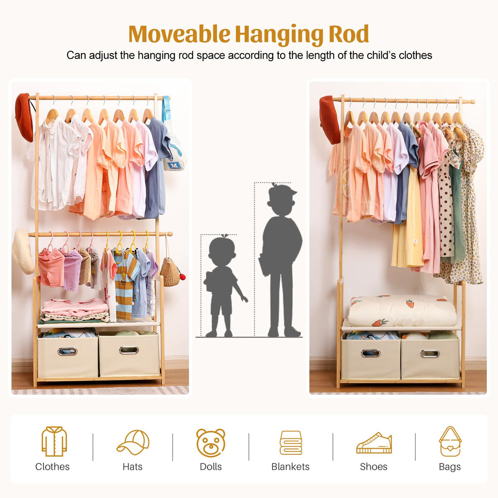 Kids Bamboo Clothing Rack with 2 Storage Baskets and Adjustable Rods-Homde