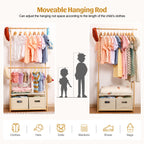 Kids Bamboo Clothing Rack with 2 Storage Baskets and Adjustable Rods-Homde