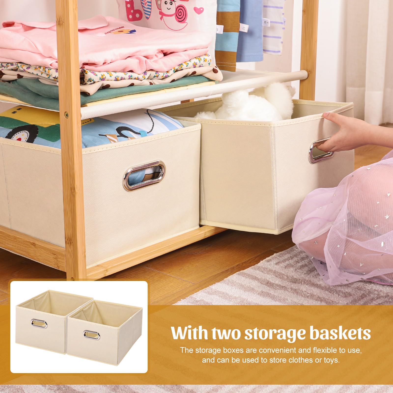 Kids Bamboo Clothing Rack with 2 Storage Baskets and Adjustable Rods-Homde