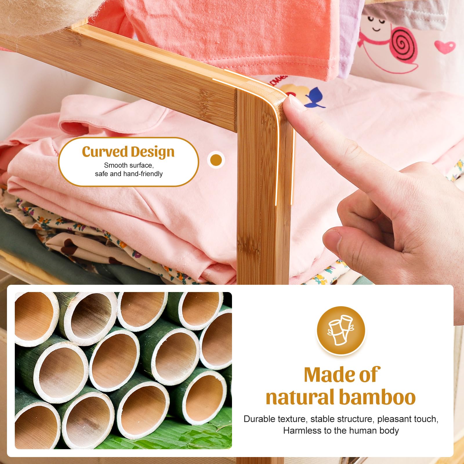 Kids Bamboo Clothing Rack with 2 Storage Baskets and Adjustable Rods-Homde