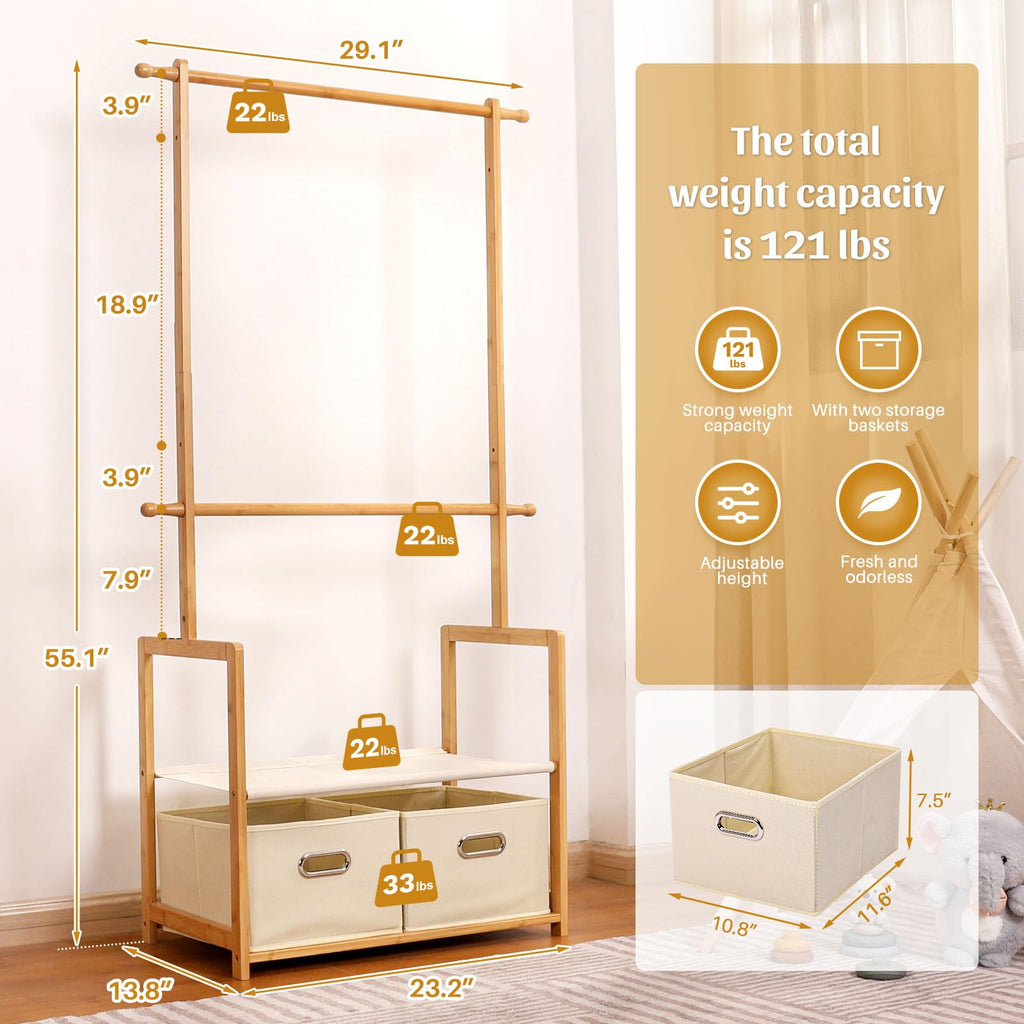 Kids Bamboo Clothing Rack with 2 Storage Baskets and Adjustable Rods-Homde