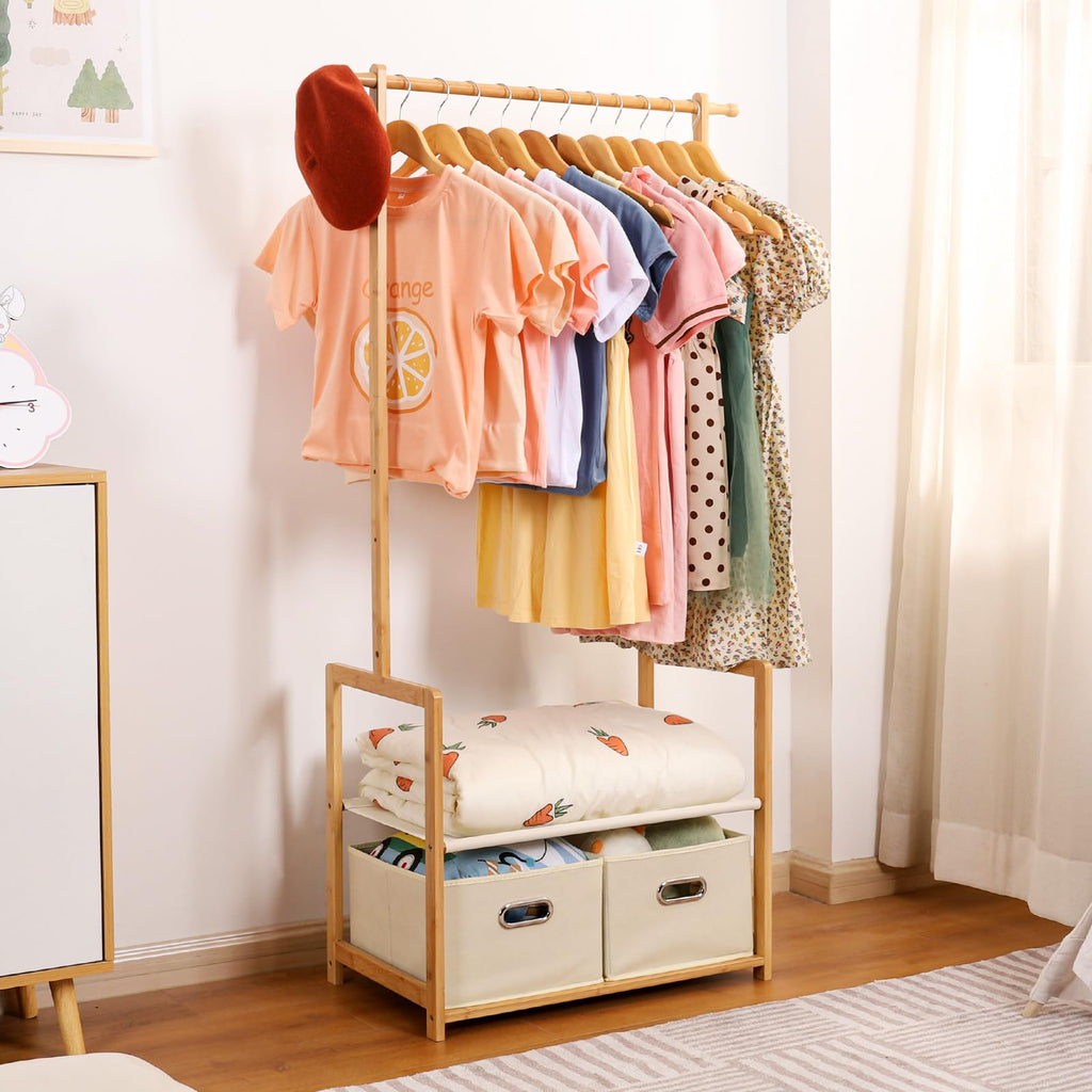 Kids Bamboo Clothing Rack with 2 Storage Baskets and Adjustable Rods-Homde