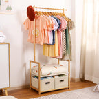 Kids Bamboo Clothing Rack with 2 Storage Baskets and Adjustable Rods-Homde