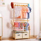 Kids Bamboo Clothing Rack with 2 Storage Baskets and Adjustable Rods-Homde
