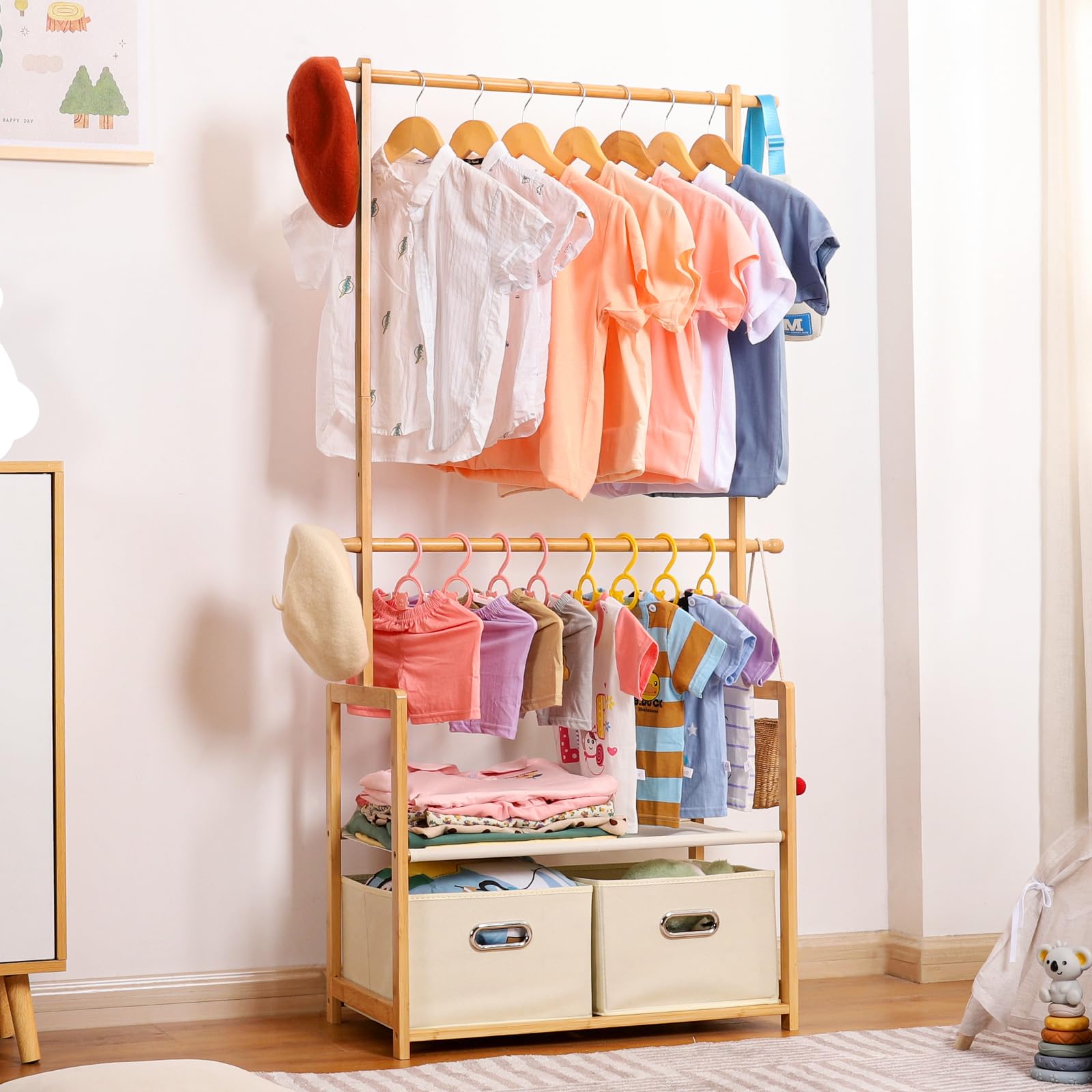 Kids Bamboo Clothing Rack with 2 Storage Baskets and Adjustable Rods-Homde