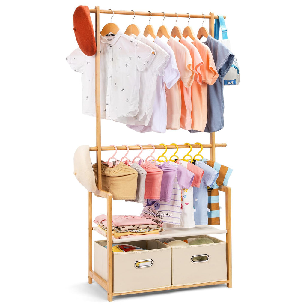 Kids Bamboo Clothing Rack with 2 Storage Baskets and Adjustable Rods-Homde