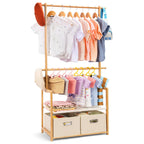 Kids Bamboo Clothing Rack with 2 Storage Baskets and Adjustable Rods-Homde