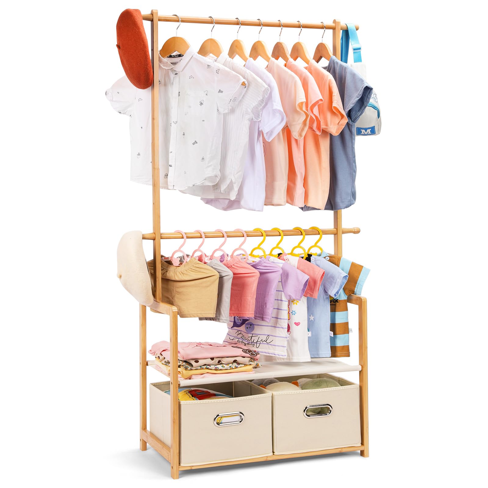 Kids Bamboo Clothing Rack with 2 Storage Baskets and Adjustable Rods-Homde
