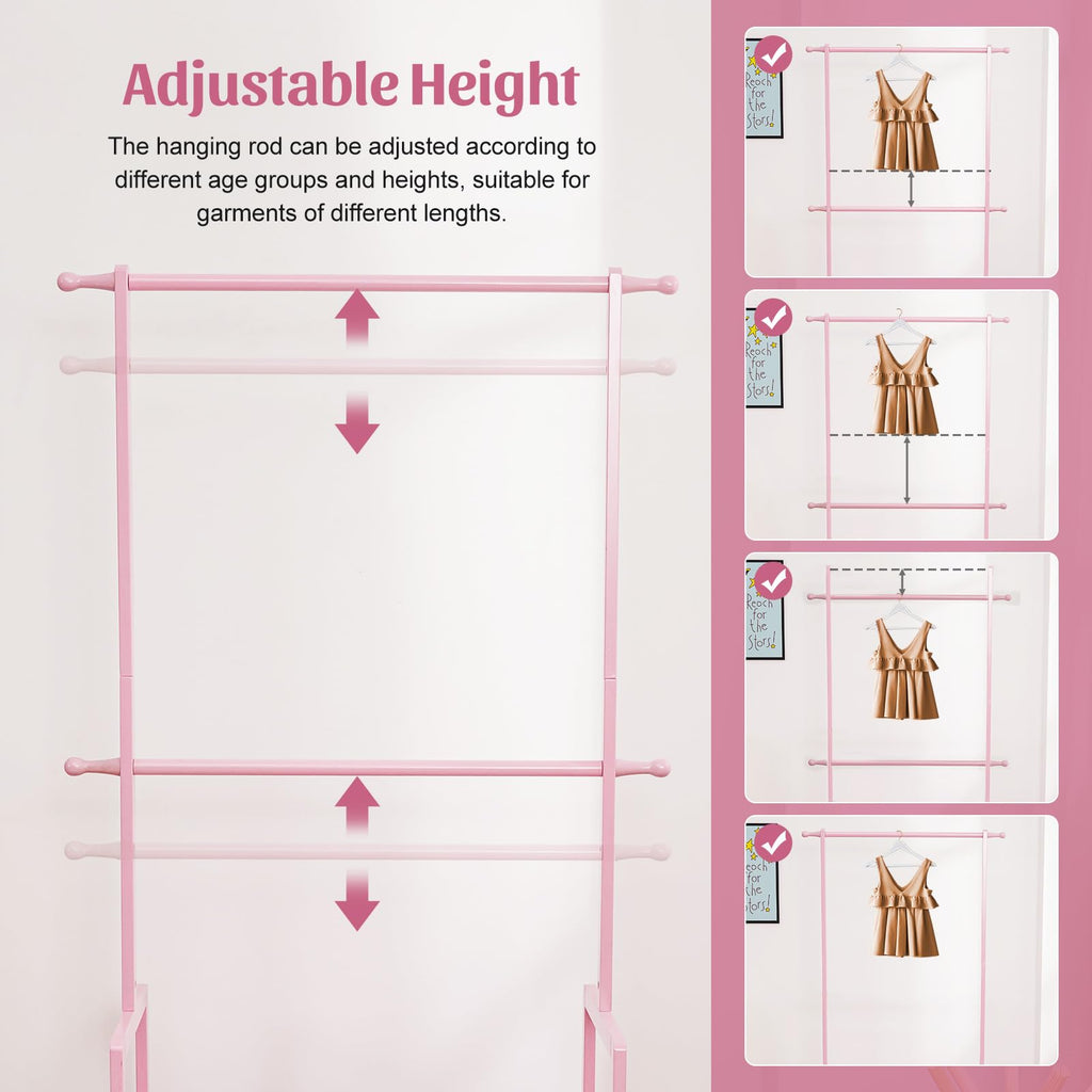 Kids Bamboo Clothing Rack with 2 Storage Baskets and Adjustable Rods-Homde