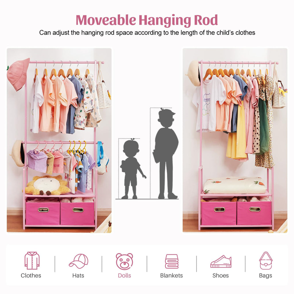 Kids Bamboo Clothing Rack with 2 Storage Baskets and Adjustable Rods-Homde