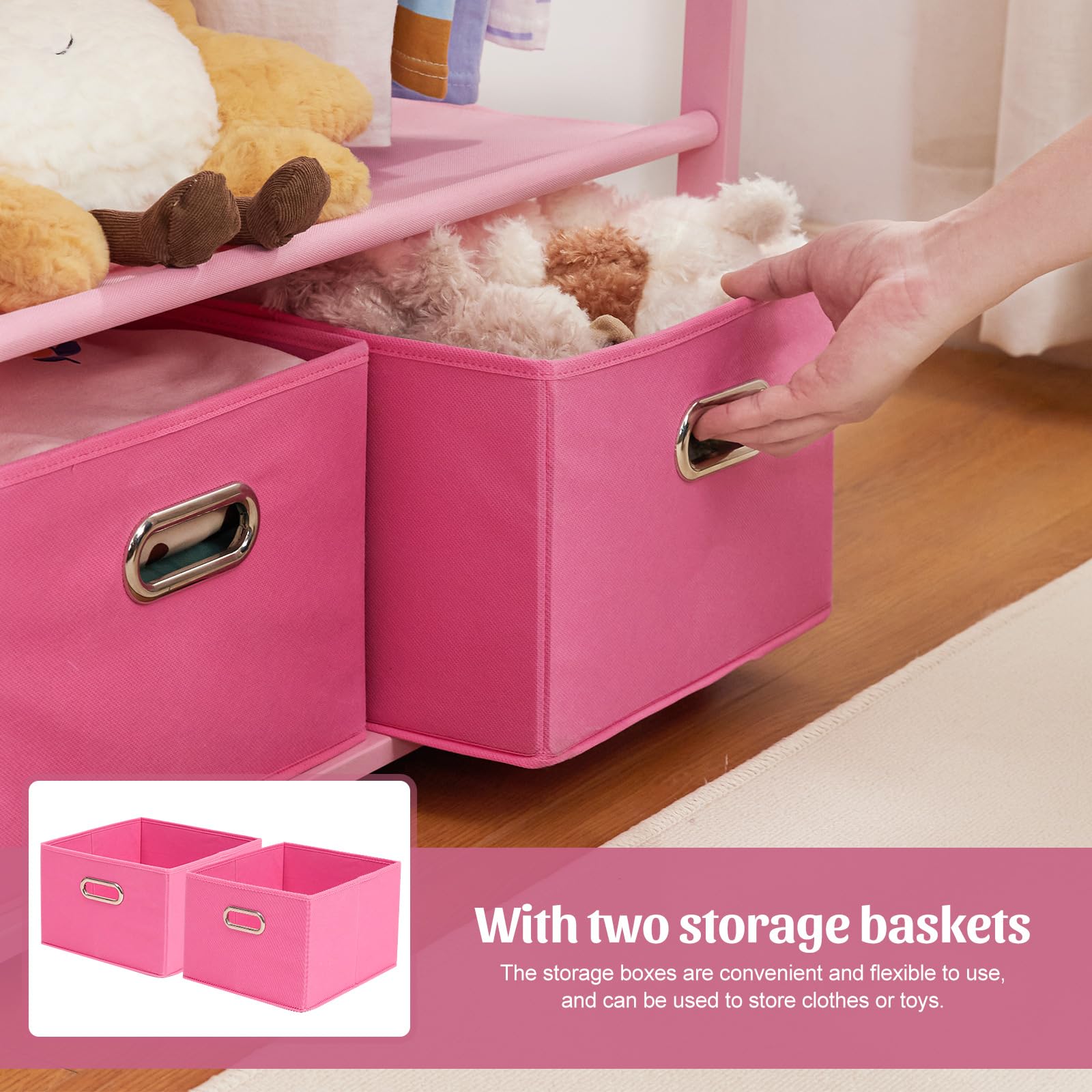 Kids Bamboo Clothing Rack with 2 Storage Baskets and Adjustable Rods-Homde