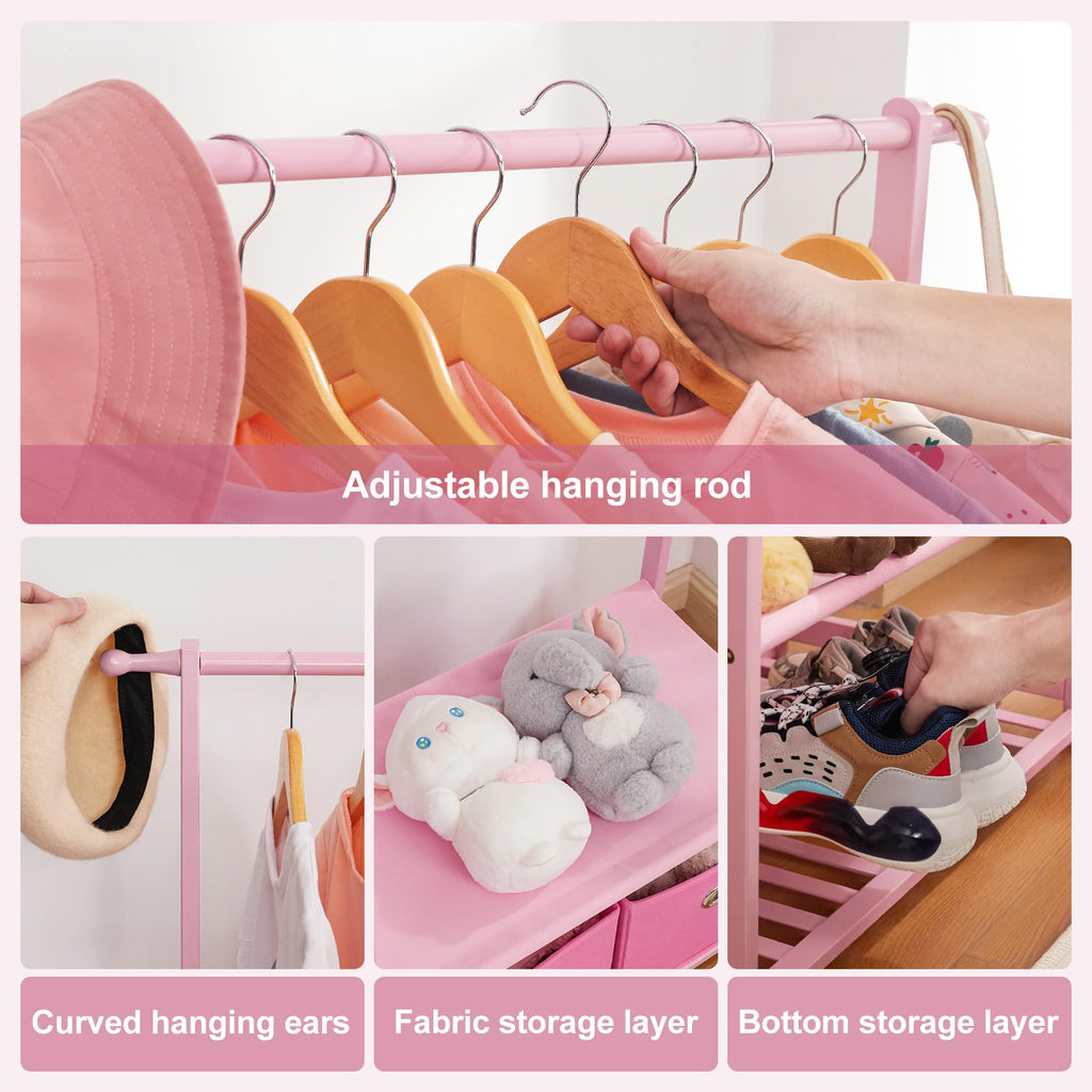 Kids Bamboo Clothing Rack with 2 Storage Baskets and Adjustable Rods-Homde