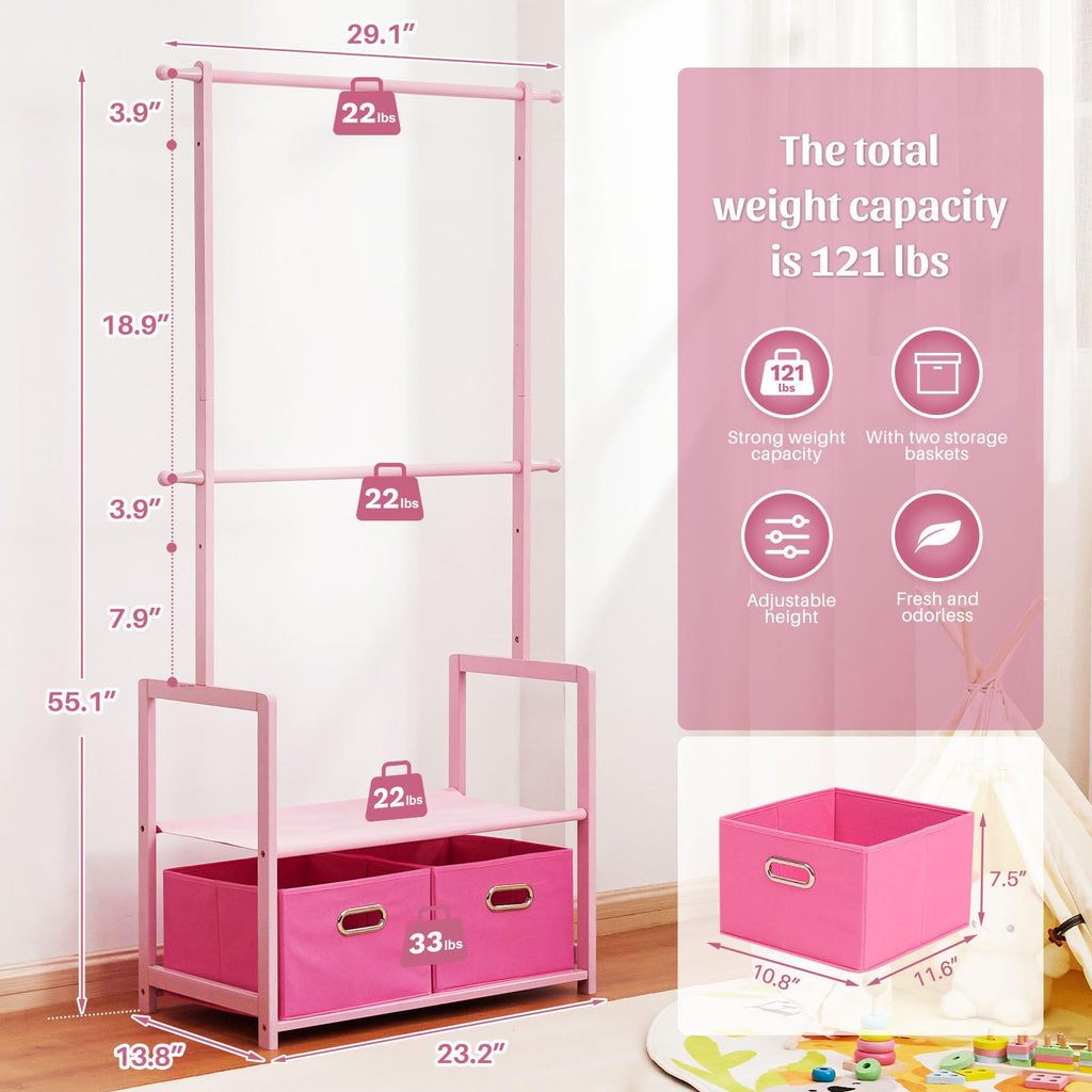 Kids Bamboo Clothing Rack with 2 Storage Baskets and Adjustable Rods-Homde