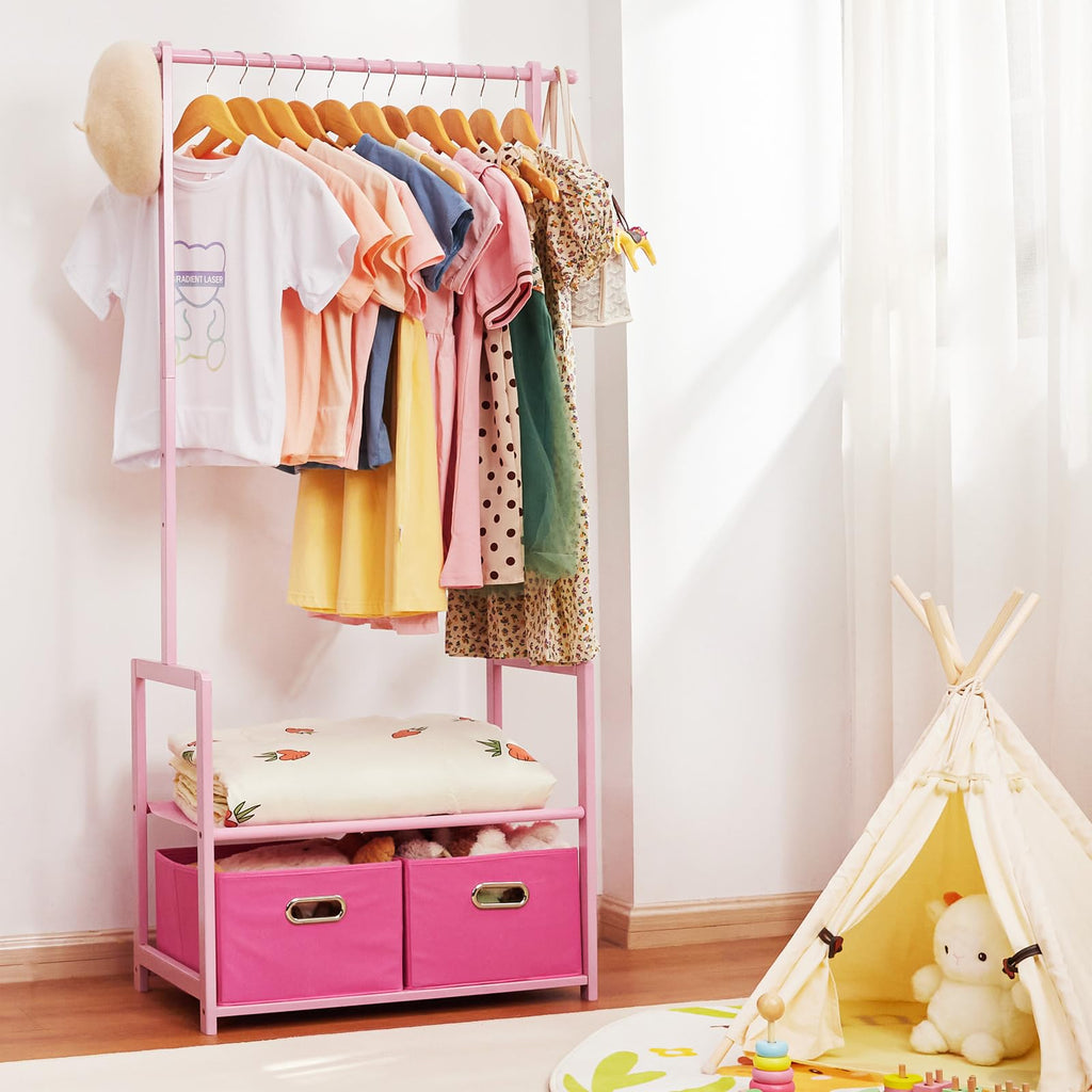 Kids Bamboo Clothing Rack with 2 Storage Baskets and Adjustable Rods-Homde