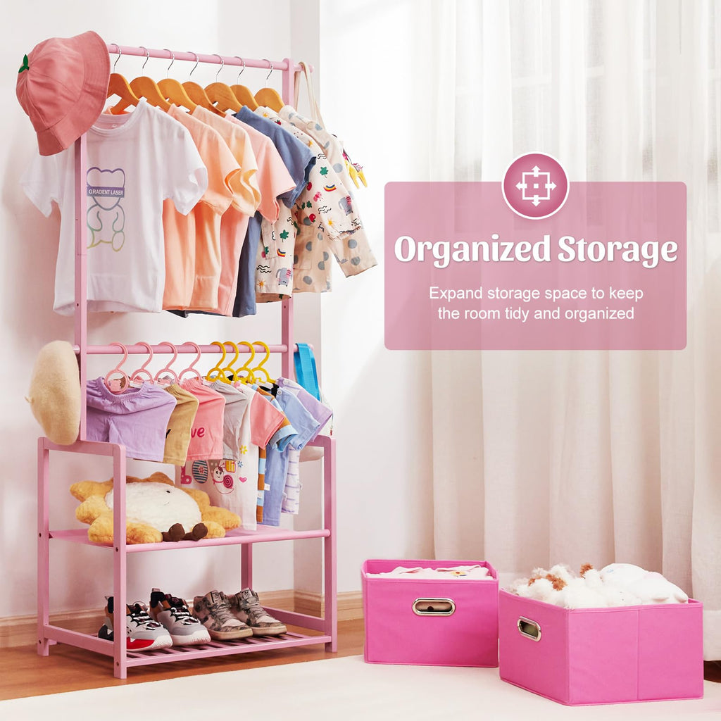 Kids Bamboo Clothing Rack with 2 Storage Baskets and Adjustable Rods-Homde