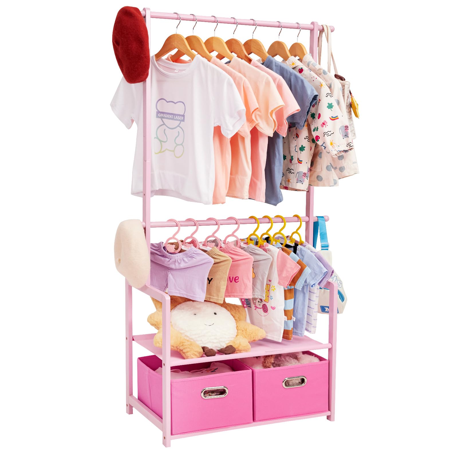 Kids Bamboo Clothing Rack with 2 Storage Baskets and Adjustable Rods-Homde
