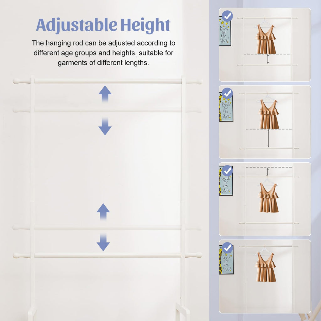 Kids Bamboo Clothing Rack with 2 Storage Baskets and Adjustable Rods-Homde