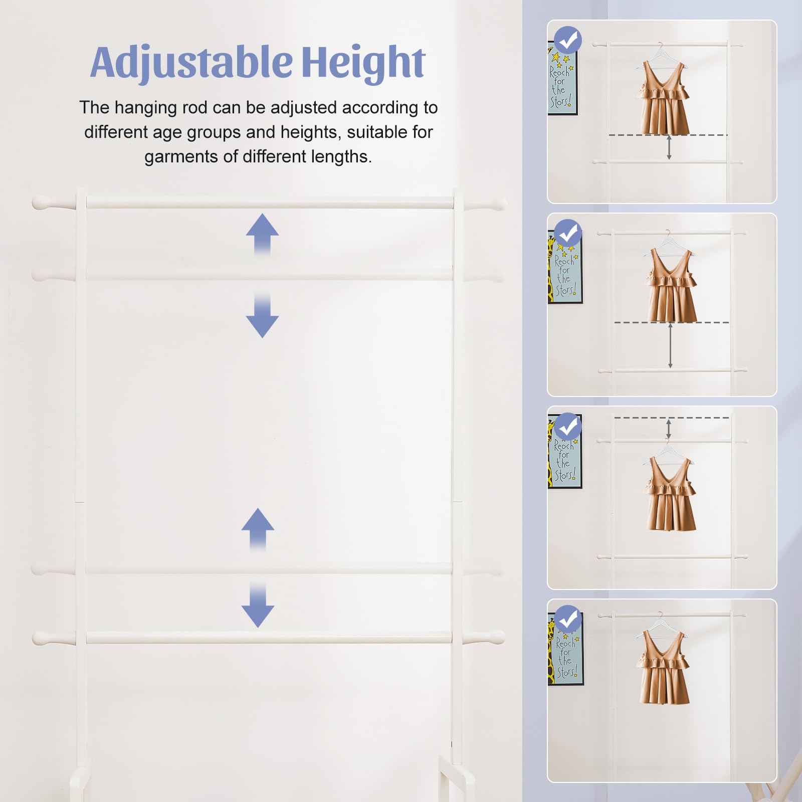 Kids Bamboo Clothing Rack with 2 Storage Baskets and Adjustable Rods-Homde