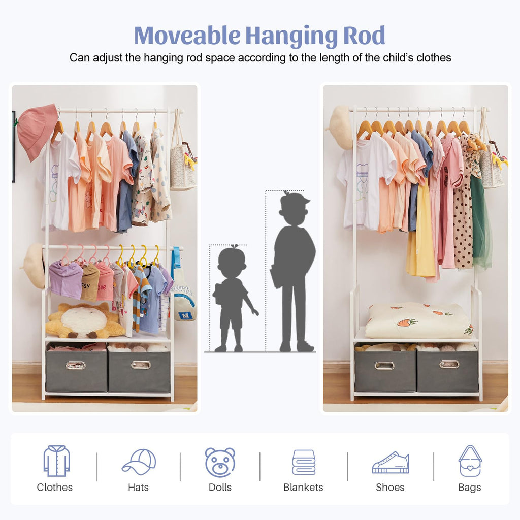 Kids Bamboo Clothing Rack with 2 Storage Baskets and Adjustable Rods-Homde
