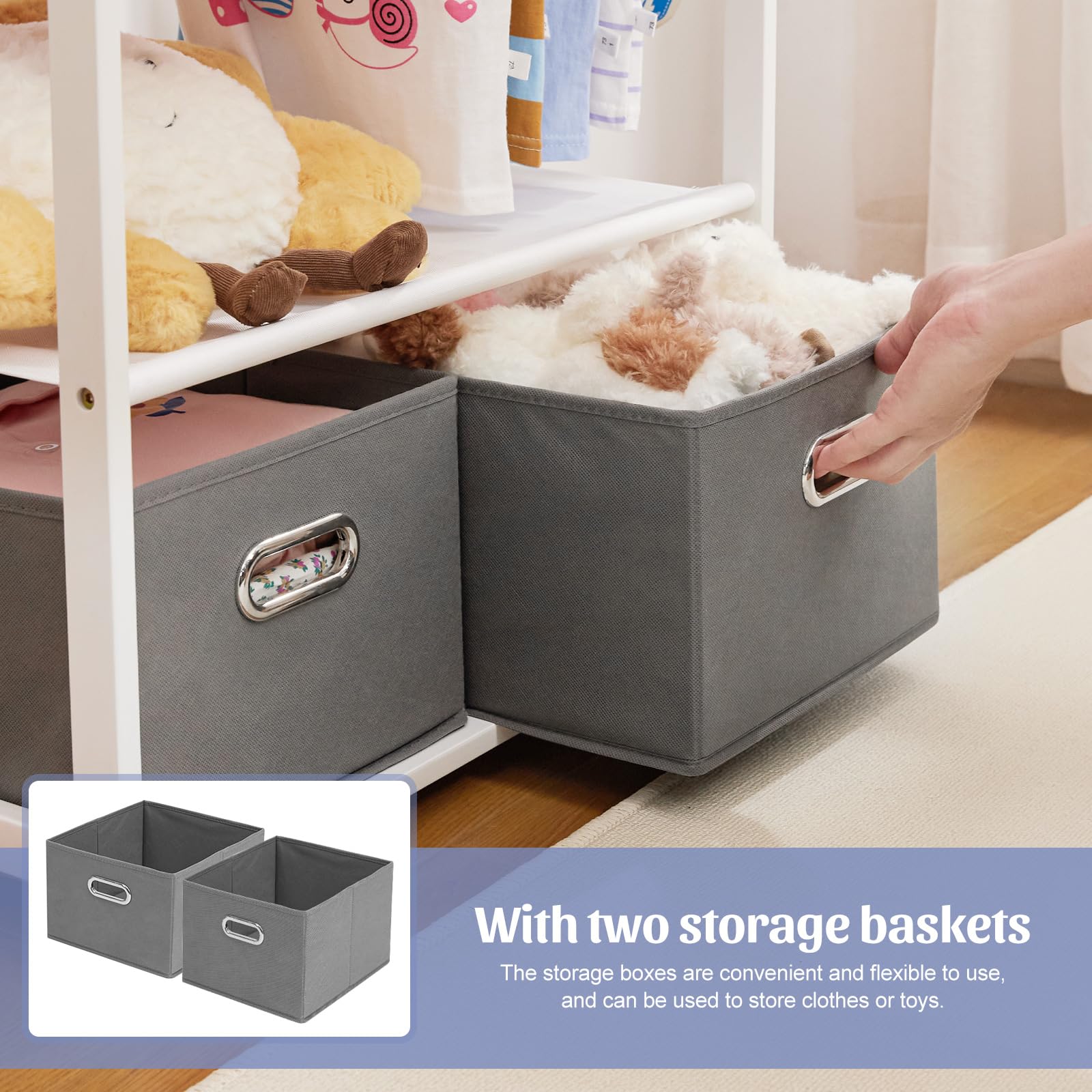 Kids Bamboo Clothing Rack with 2 Storage Baskets and Adjustable Rods-Homde