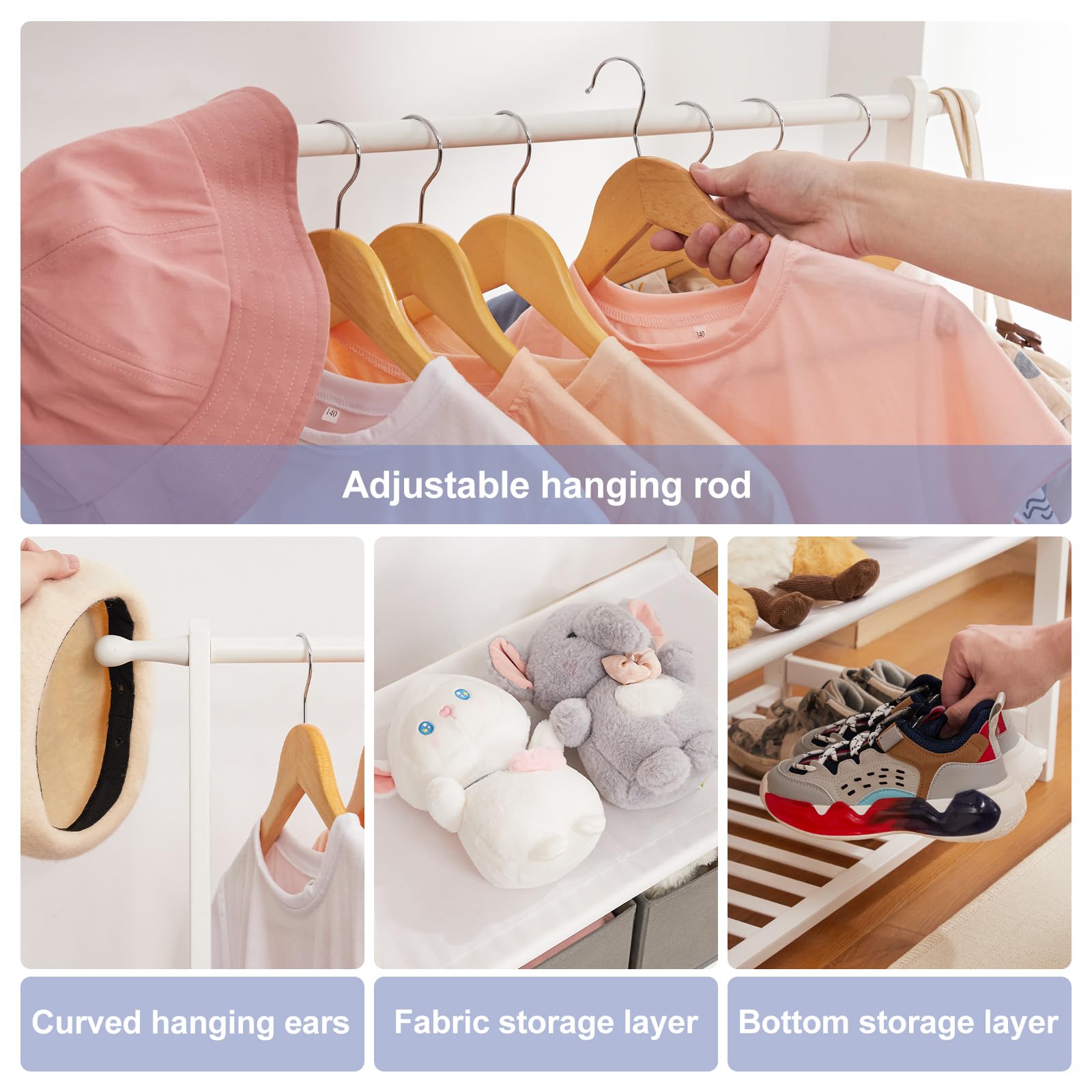 Kids Bamboo Clothing Rack with 2 Storage Baskets and Adjustable Rods-Homde