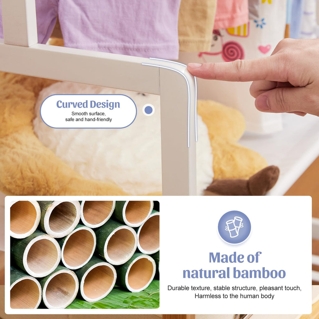 Kids Bamboo Clothing Rack with 2 Storage Baskets and Adjustable Rods-Homde