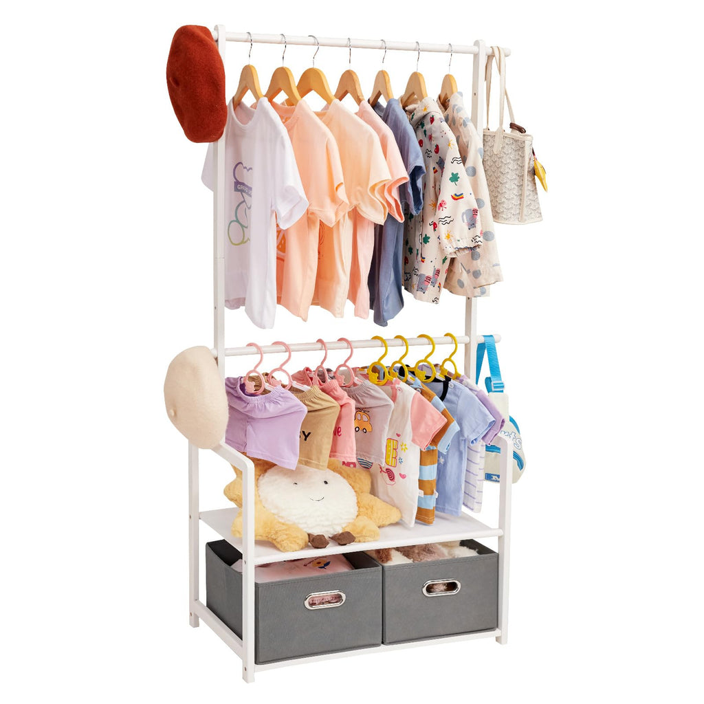 Kids Bamboo Clothing Rack with 2 Storage Baskets and Adjustable Rods-Homde