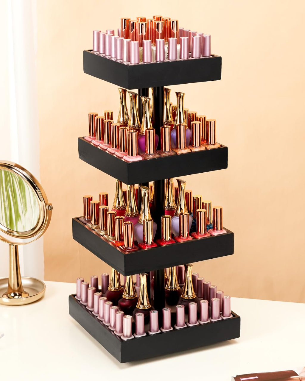 Homde 360° Rotating Nail Polish Organizer, 4-Tier Bamboo Display Rack-Homde