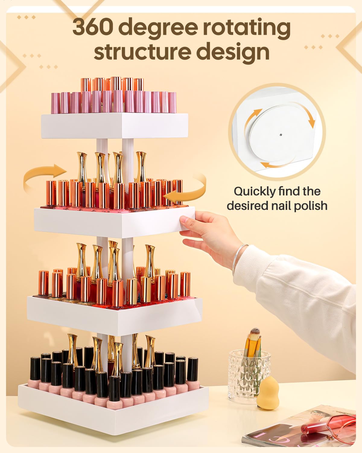 Homde 360° Rotating Nail Polish Organizer, 4-Tier Bamboo Display Rack-Homde