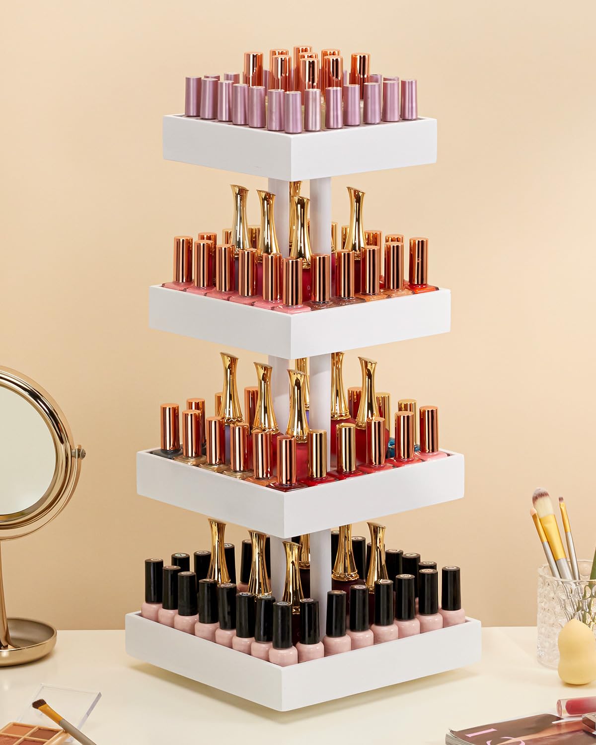 Homde 360° Rotating Nail Polish Organizer, 4-Tier Bamboo Display Rack-Homde