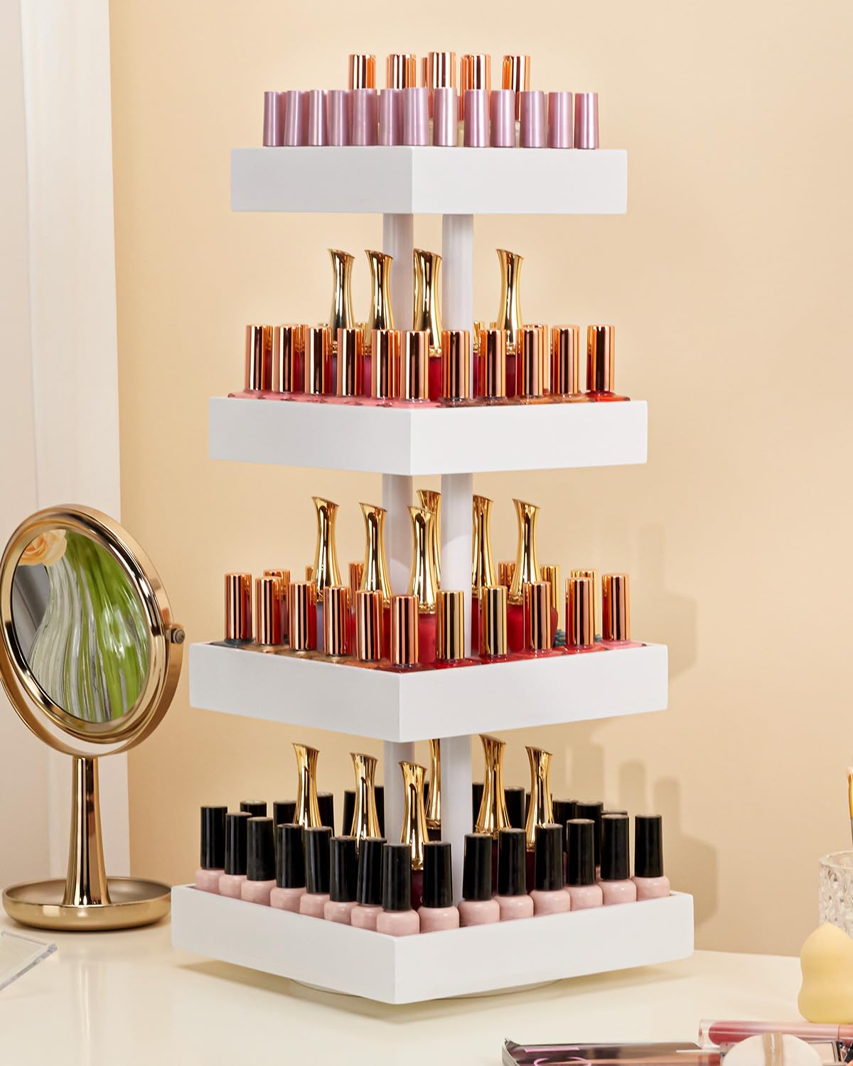 Homde 360° Rotating Nail Polish Organizer, 4-Tier Bamboo Display Rack-Homde