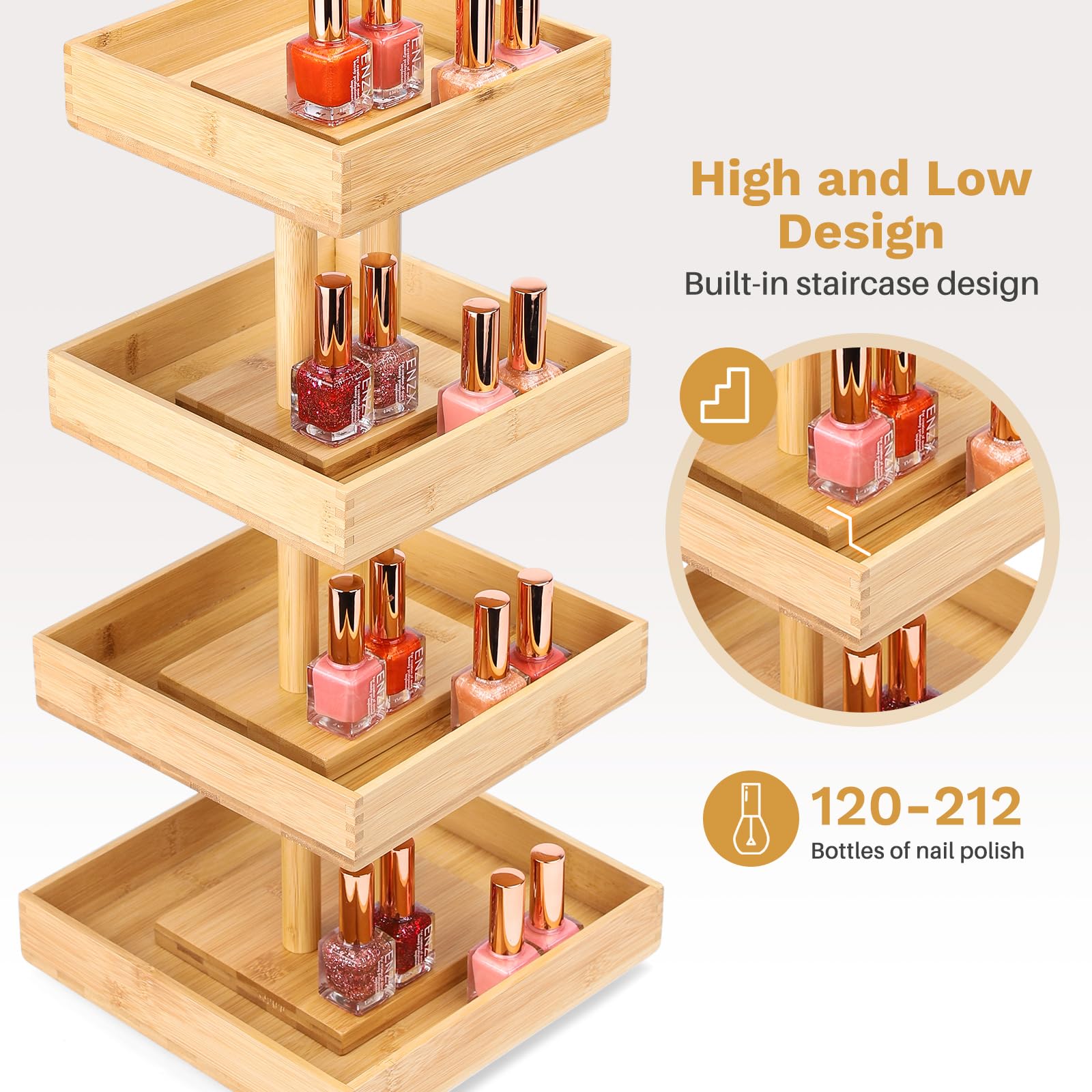 Homde 360° Rotating Nail Polish Organizer, 4-Tier Bamboo Display Rack-Homde