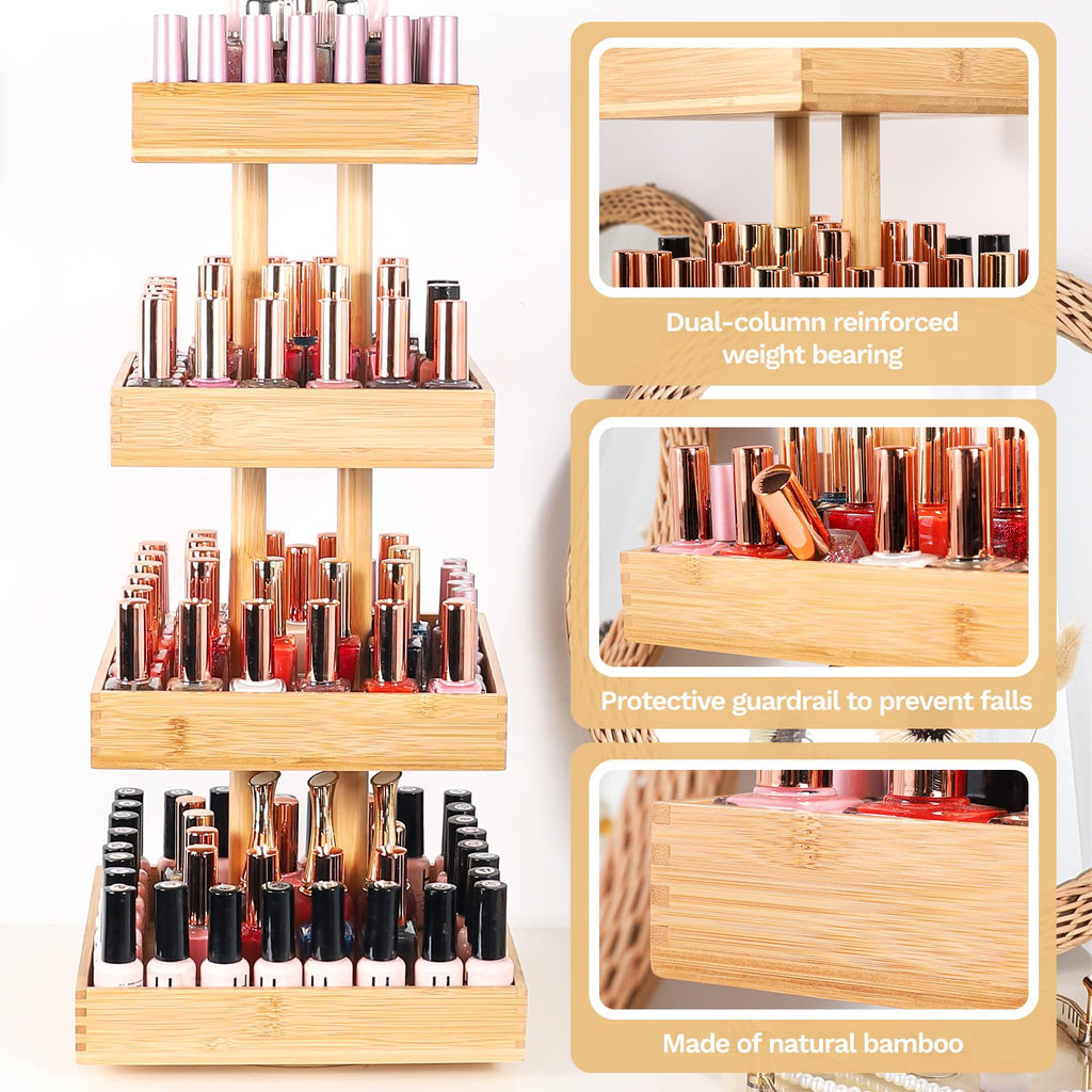 Homde 360° Rotating Nail Polish Organizer, 4-Tier Bamboo Display Rack-Homde